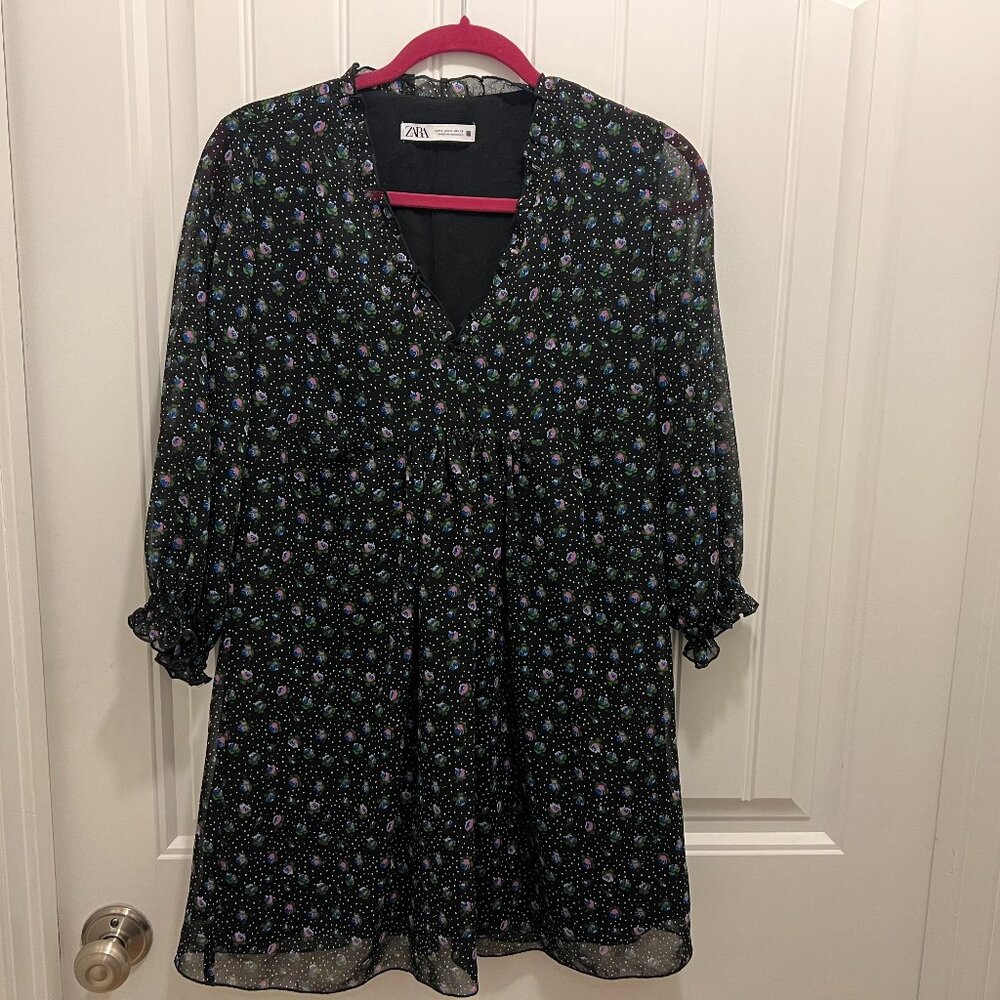 Zara | Mini Black Floral V Neck Dress Size S